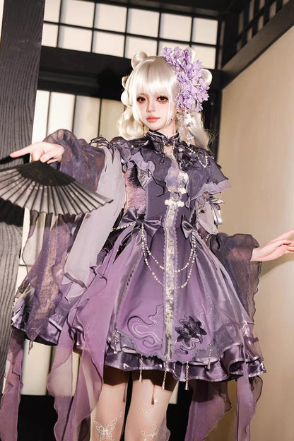 Embroidered Pearl Gothic Jumper Dress Set - Purple