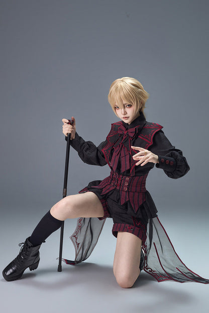Demon Ritual Stand Collar Ouji Shorts Set with Embroidery - Noir