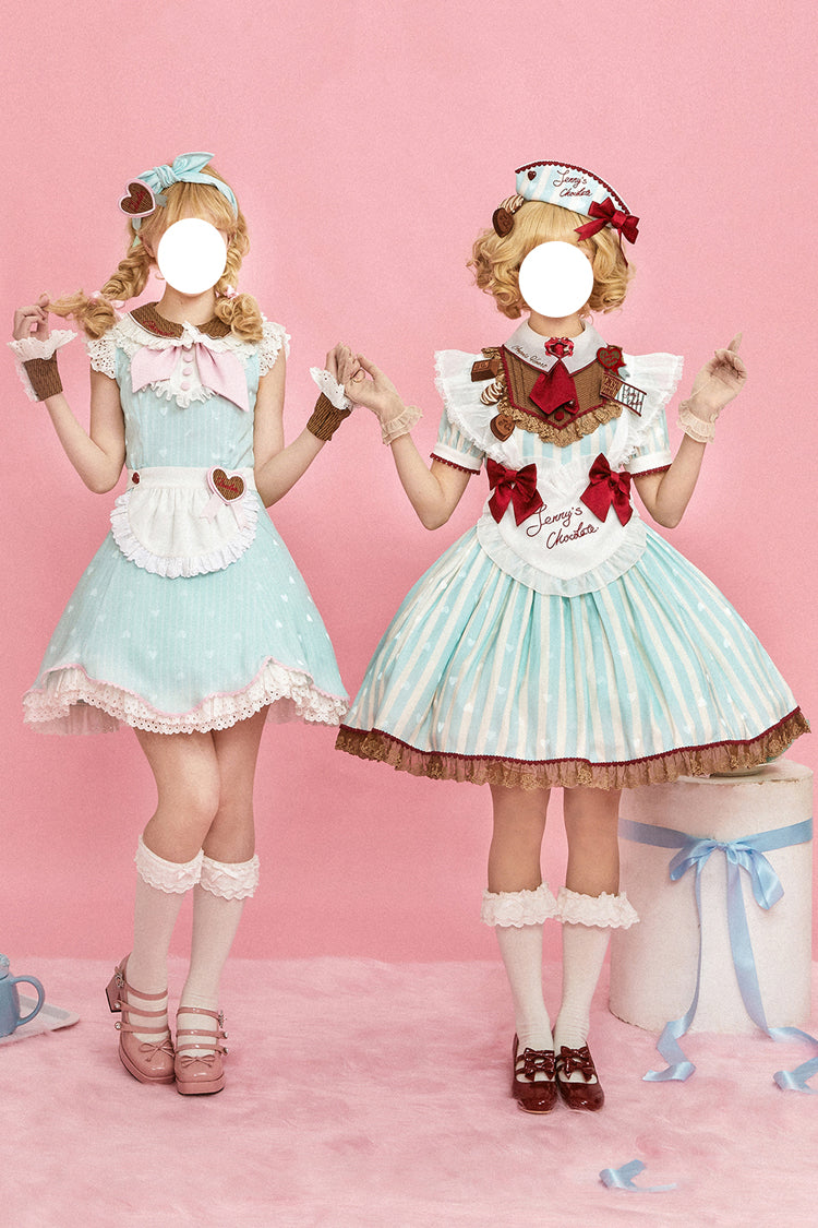 Emerald Jenny's Chocolate Short Sleeves Vertical Stripes Print Ruffle Bow Sweet Lolita Dress