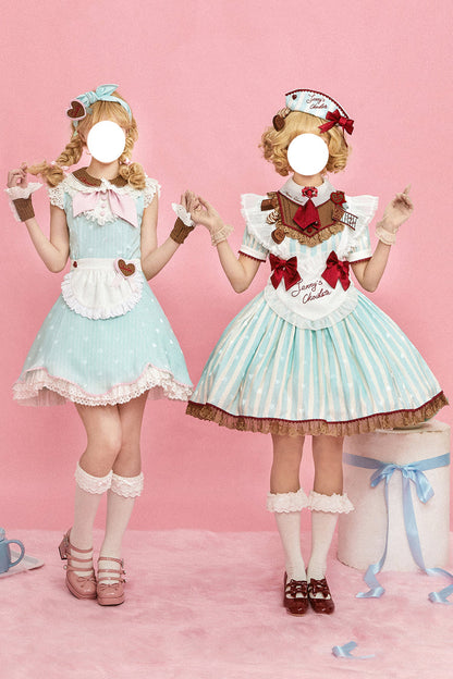 Emerald Jenny's Chocolate Short Sleeves Vertical Stripes Print Ruffle Bow Sweet Lolita Dress