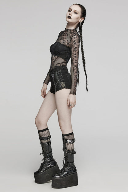Punk Women's Ring Shorts with Faux Leather Stitching Mesh and Eyelet