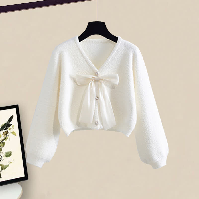 Elegant Bow Knot Cardigan Crop Sweater Long Sleeve Dress