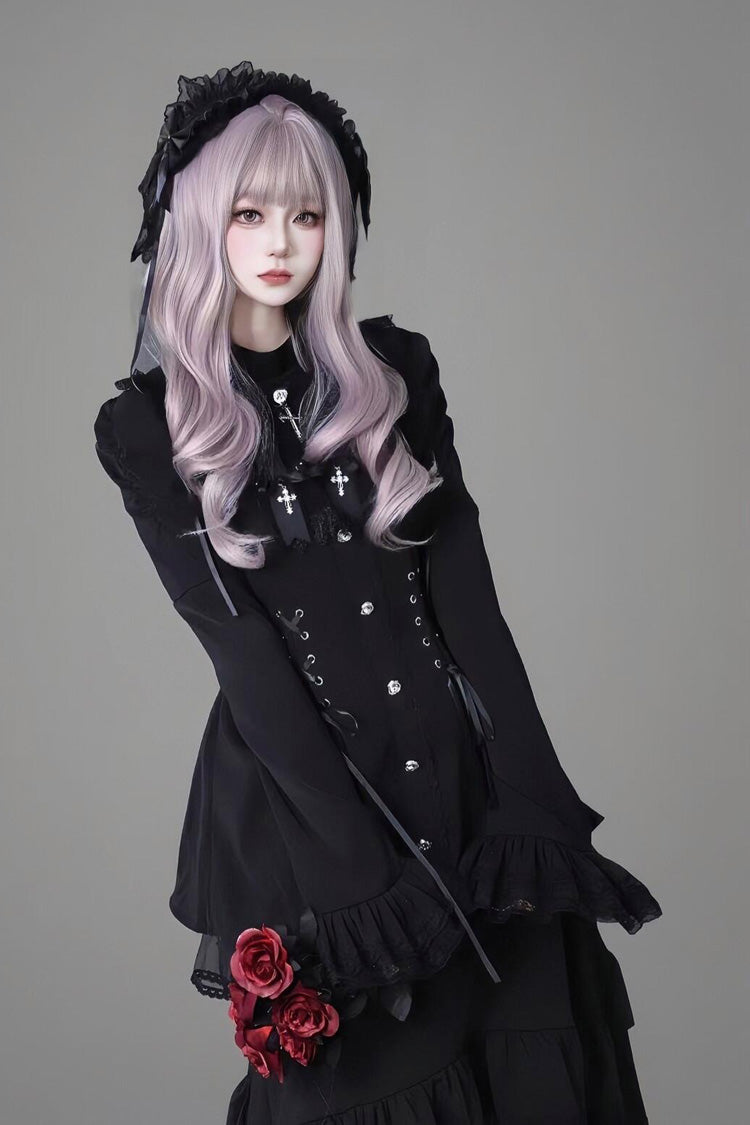 Japanese Jirai Kei Ruffle Dress Set with Flared Sleeves