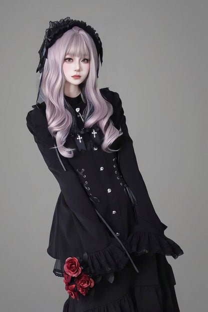 Japanese Jirai Kei Ruffle Dress Set with Flared Sleeves