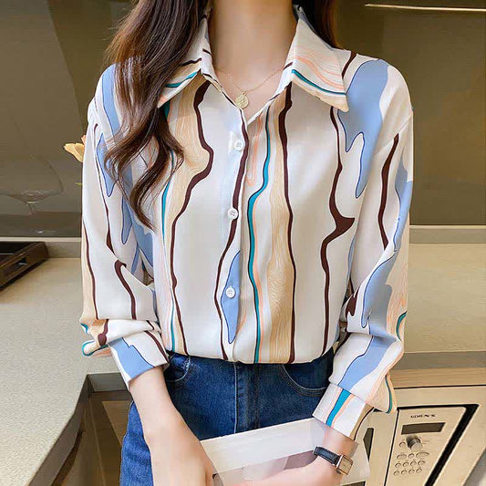 Colorblock Abstract Print Lapel Shirt Workwear