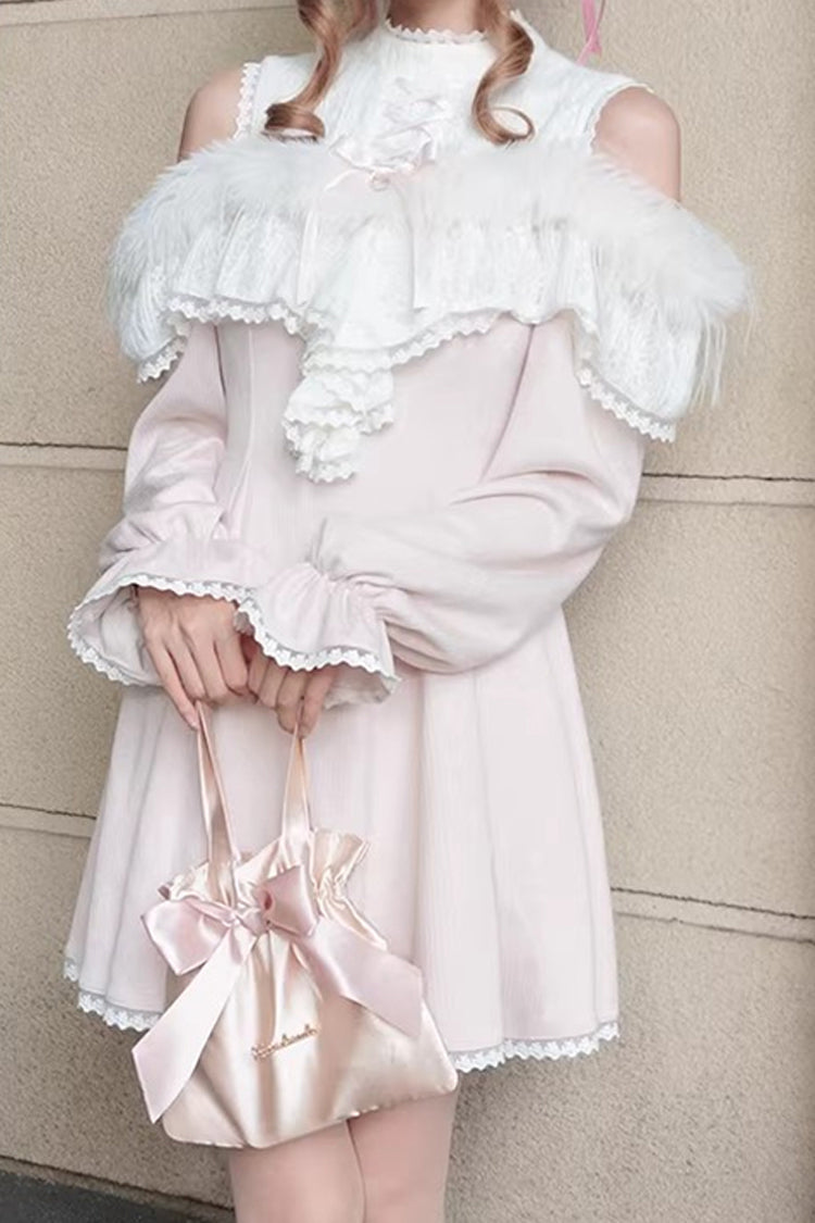 Pink Stand Collar Off-Shoulder Long Sleeve Lace Sweet Japanese Elegant Lolita Gown - Little Love Song