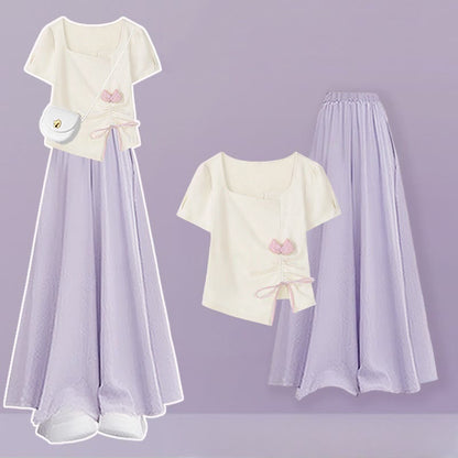 Pantskirt T-shirt Drawstring Two Wide Pieces Flower Leg Set