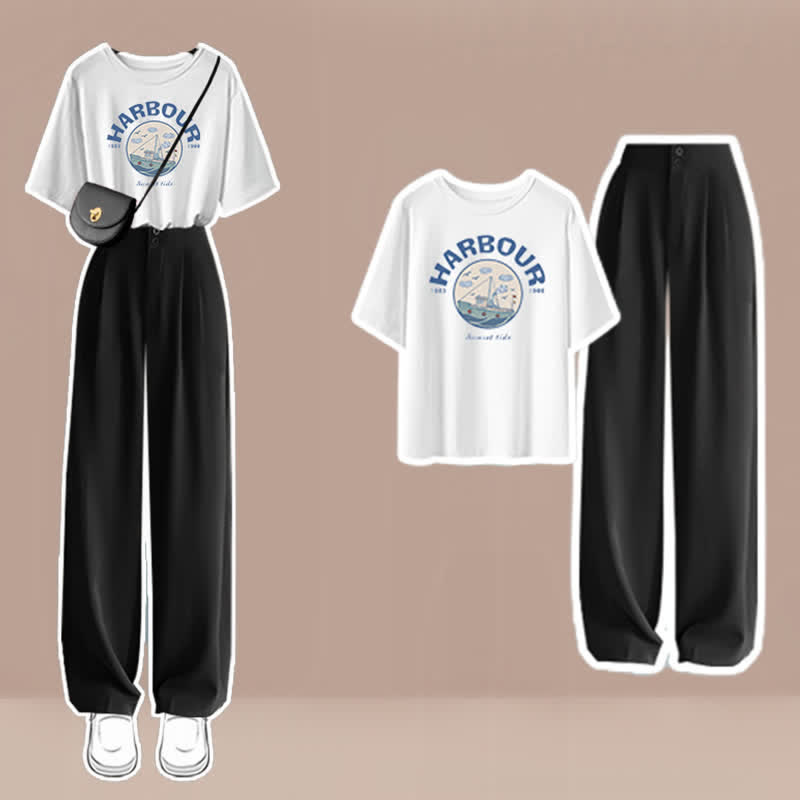 Cartoon Print T-Shirt High Waist Wide Leg Pants