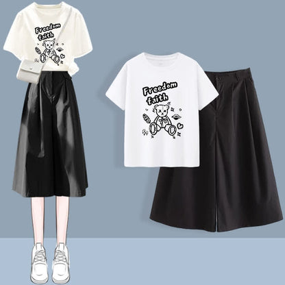 Pieces Casual Printed T-Shirt Set Collar Leg Pants Wide Chic Two Round