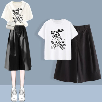 Pieces Casual Printed T-Shirt Set Collar Leg Pants Wide Chic Two Round