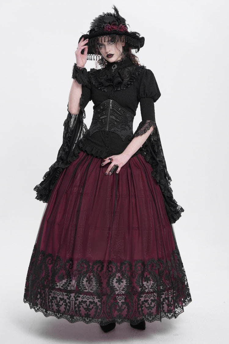 Crimson Stitched Floral Mesh Women's Goth Skirt