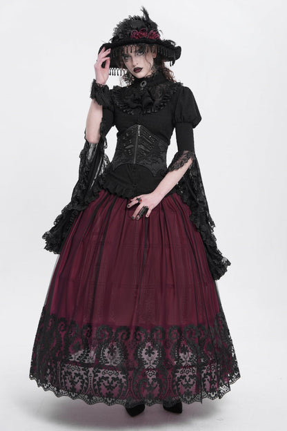 Crimson Stitched Floral Mesh Women's Goth Skirt