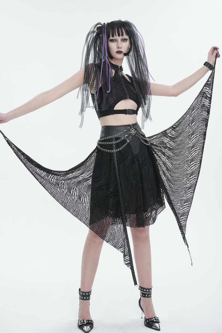 Half Hollow Knit Metal Chain Black Asymmetric Punk Skirt