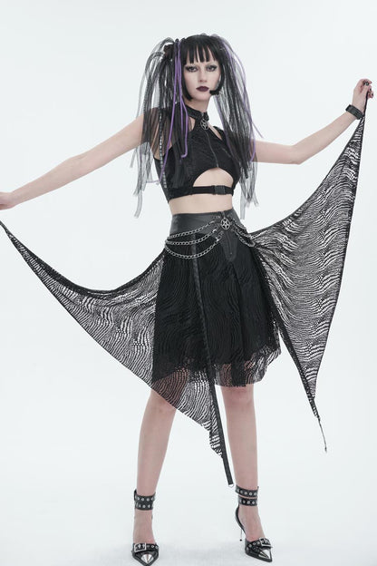 Half Hollow Knit Metal Chain Black Asymmetric Punk Skirt