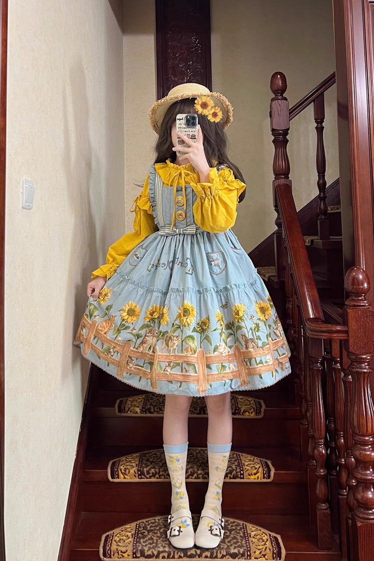 Sunflower-Print Bow-Adorned Sweet Lolita JSK Dress in Two Tones