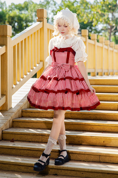 Scarlet Plaid Ruffle Bowknot Sweet Lolita Gown with Layered Design