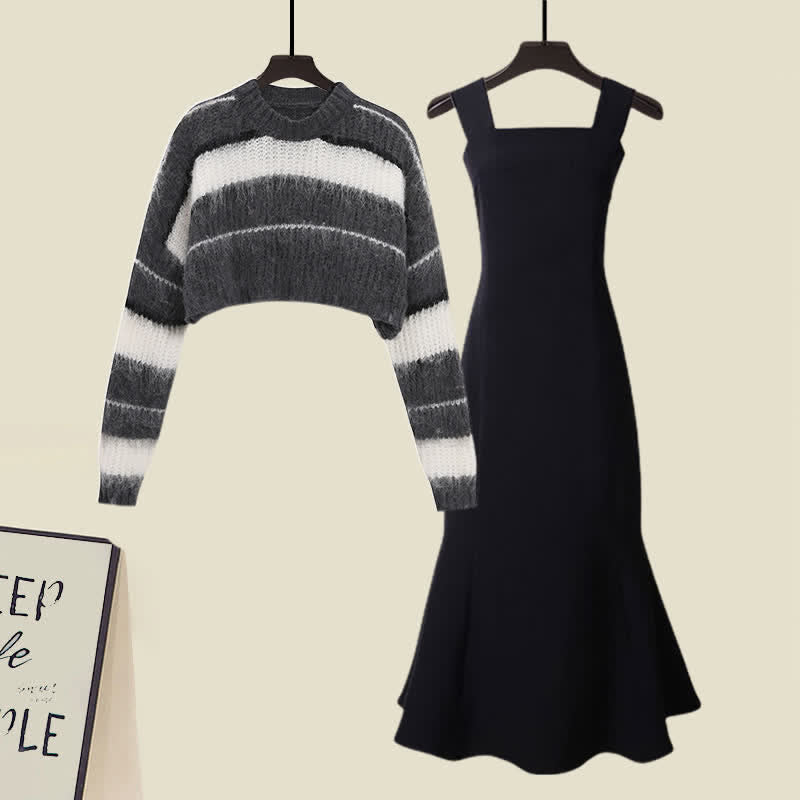 Sweater Stripe Chic Slip Two Dress Pieces