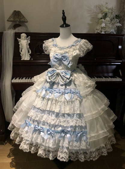 White and Blue Hanayome Bows Decoration Tiered Skirt Hime Lolita Dress
