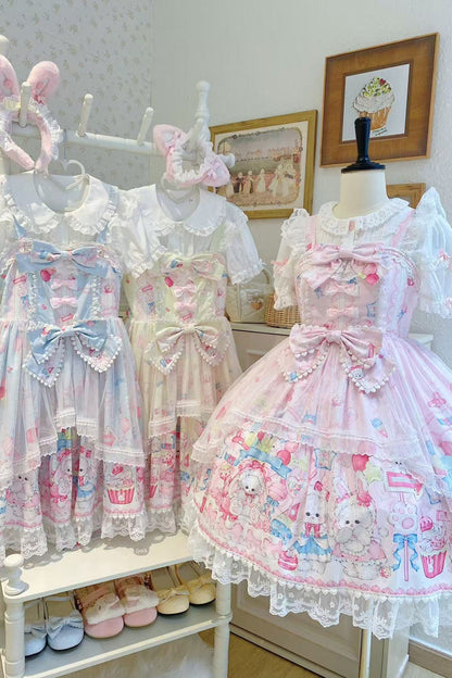 Golden Rabbit Print Ruffled Bow Lace Sweet JSK Attire