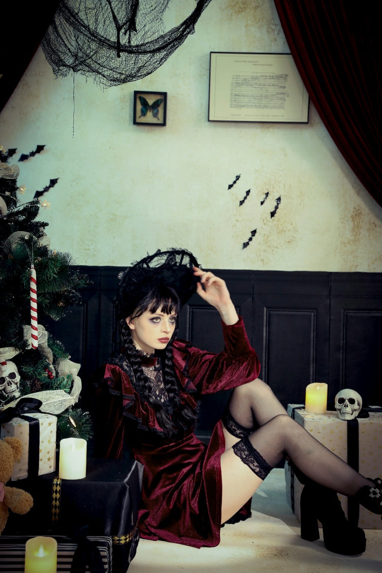Crimson Knit Velvet Maxi Gown with Long Sleeves - Gothic Graduation Attire
