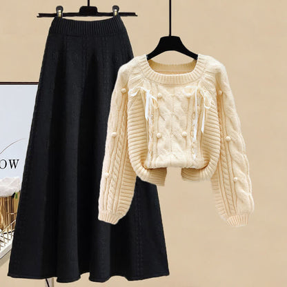 Set Skirt Cable Sweater Pills Decor Knit