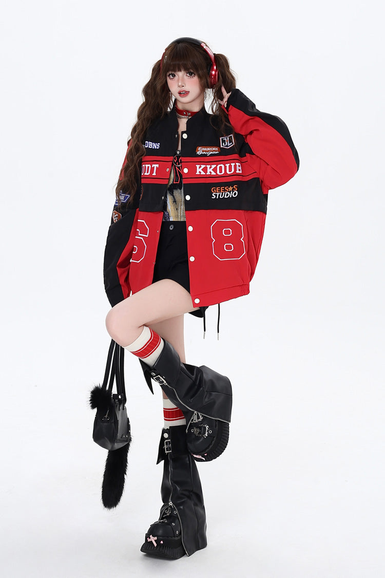 Biker Girl Print Embroidery Zip Detachable Coat Three Colors