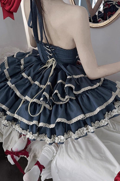 Halterneck Sleeveless Triple-Ruffle Laced JSK with Bow