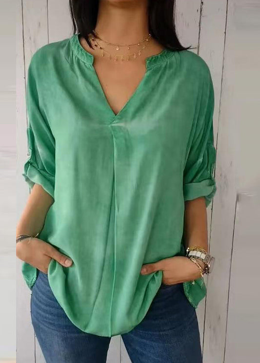 Shirt 2025 Sleeve Solid V Short Green Neck