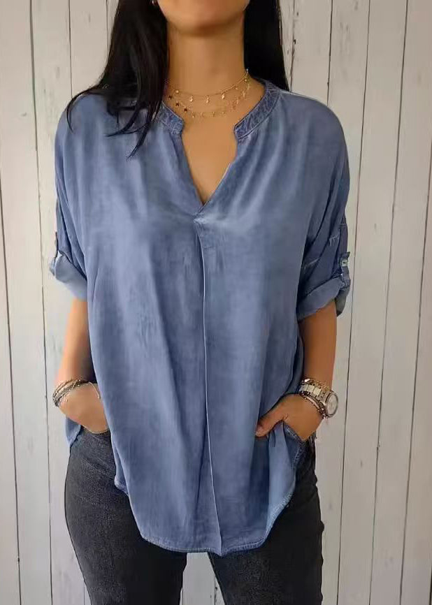 Shirt 2025 Sleeve Solid V Short Green Neck