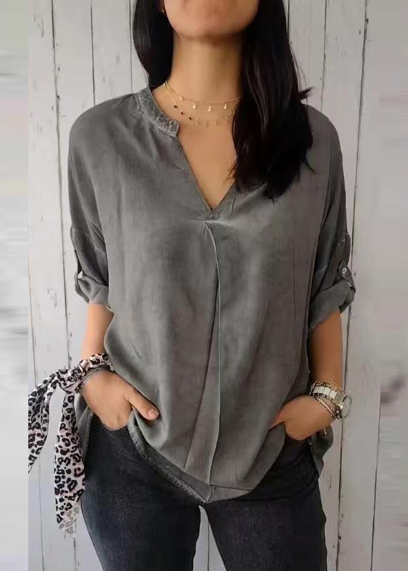 Shirt 2025 Sleeve Solid V Short Green Neck