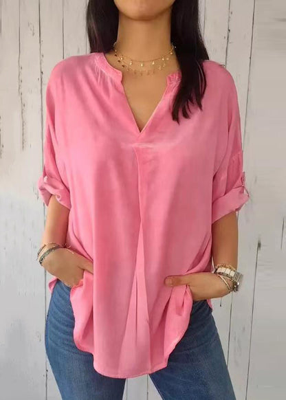 Shirt 2025 Sleeve Solid V Short Green Neck