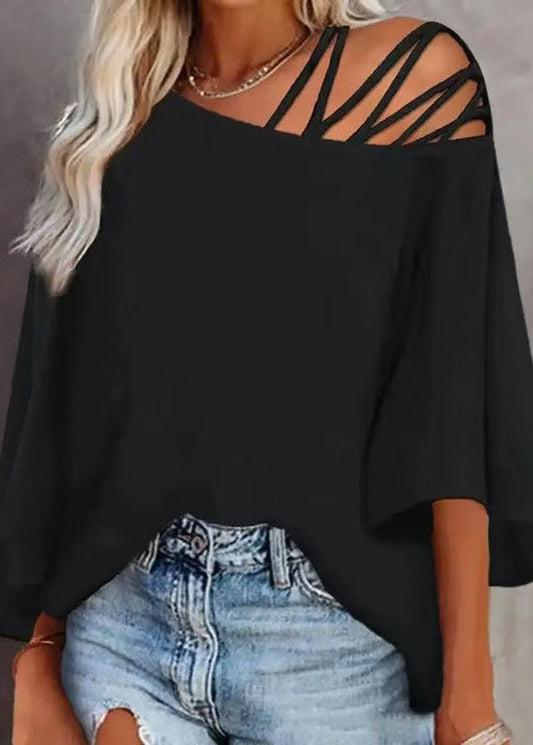 2025 New Black Hollow Out Loose Top Batwing Sleeve