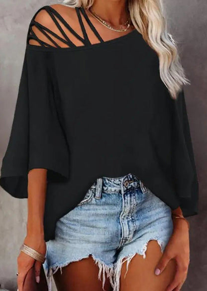 2025 New Black Hollow Out Loose Top Batwing Sleeve