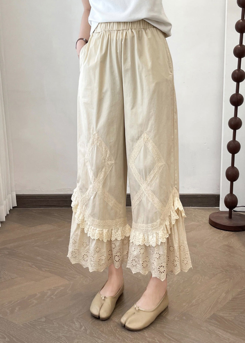 2025 Summer New Apricot Lace Splicing Wide Leg Pants