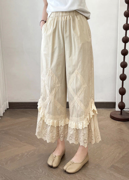 2025 Summer New Apricot Lace Splicing Wide Leg Pants
