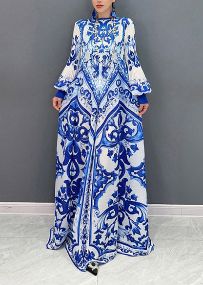 2025 Summer New Blue And White Porcelain Print Chiffon Pleated Long Dress