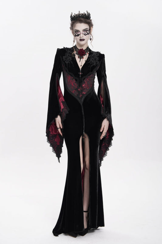 Trumpet Sleeve Floral Embroidered Velvet Gothic Dress