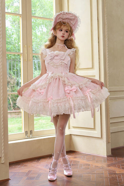 Pink Blossoming Heart Love Sleeveless Dark Jacquard Print Bow Lace Sweet Lolita Jsk Dress