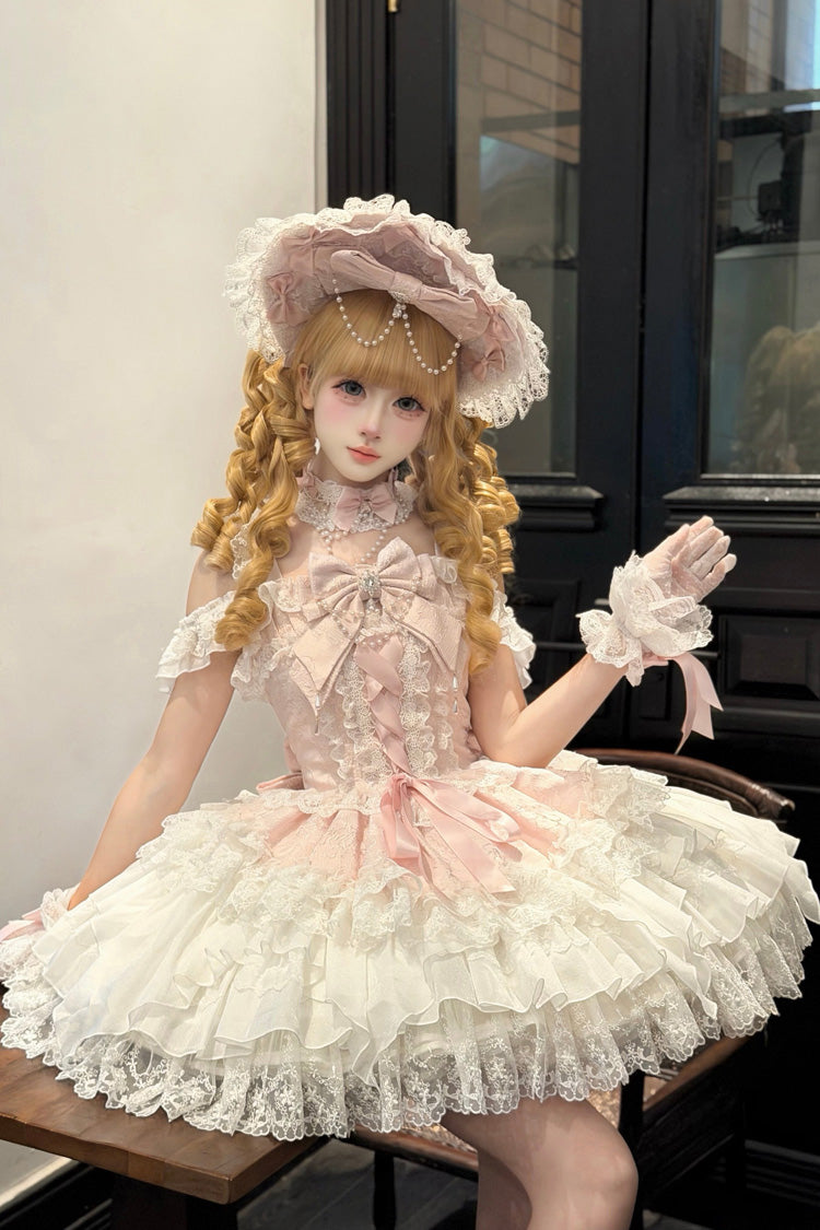 Rose Pearl Ballet Square Neck Sleeveless Layered Ruffles Bow Lace-Up Pearl Decor JSK