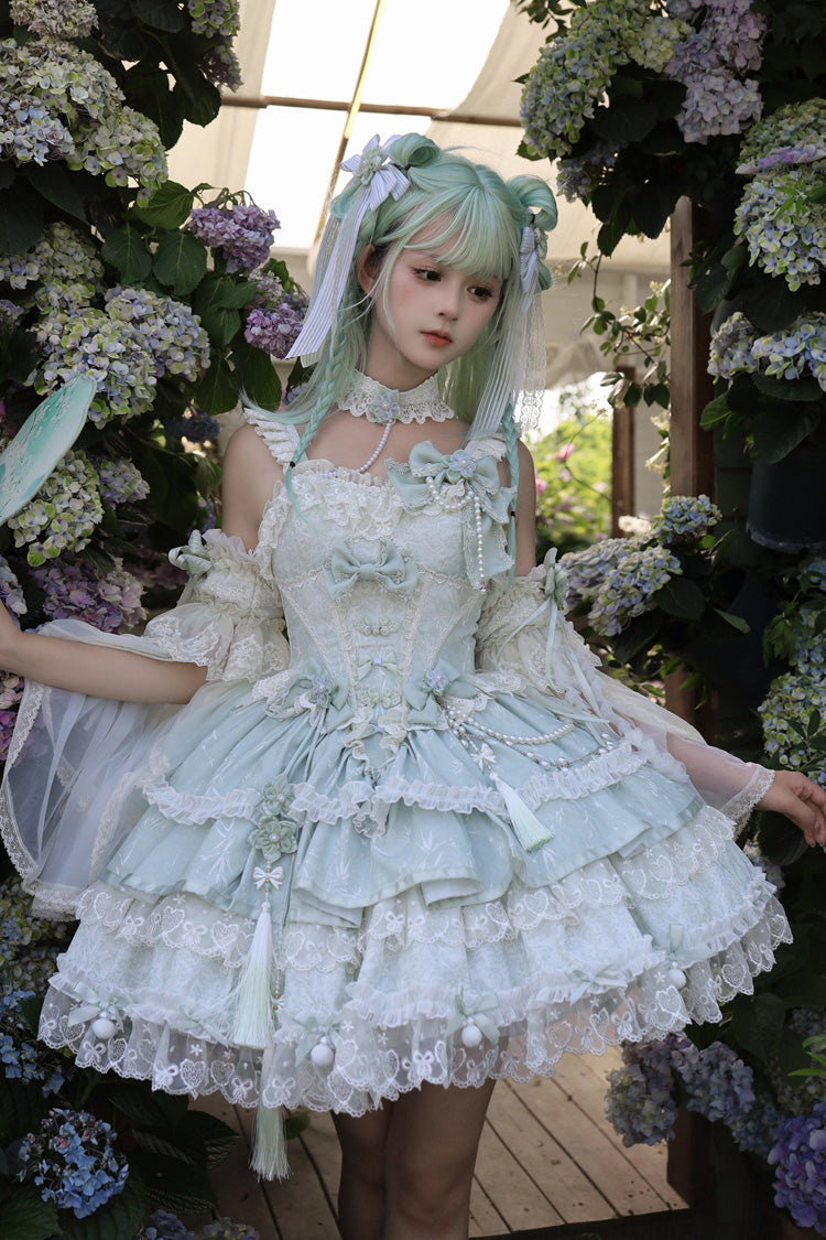 Emerald Prelude of Spring Cherry Square Collar Sleeveless Jacquard Ruffled Bow Lace Pearl Lolita JSK