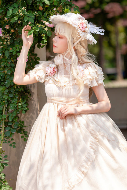Apricot Polka Dot Asymmetric Ruffle Bow Lolita Dress - Moon goddess *Mediana*