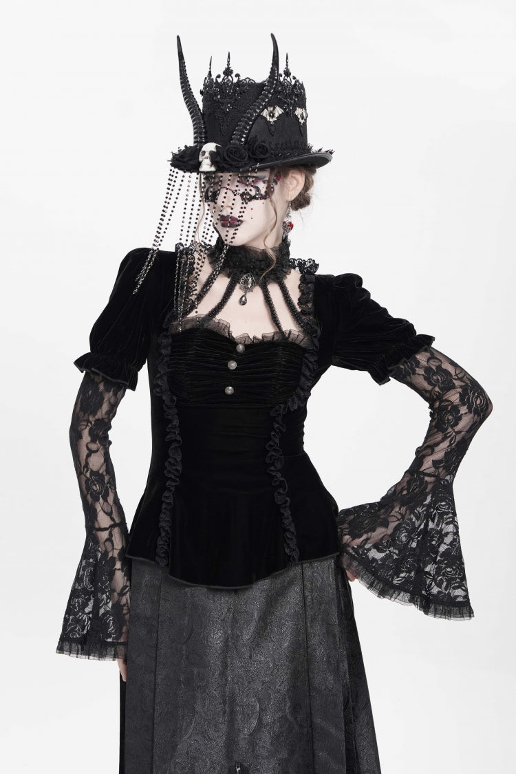 Faux Two-Piece Velvet Blouse with Eyelet and Pleats