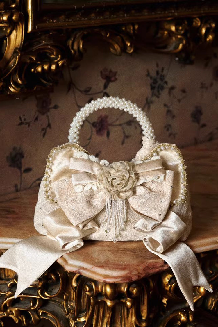 Gilded Pearl Bow Satin Handbag in Champagne