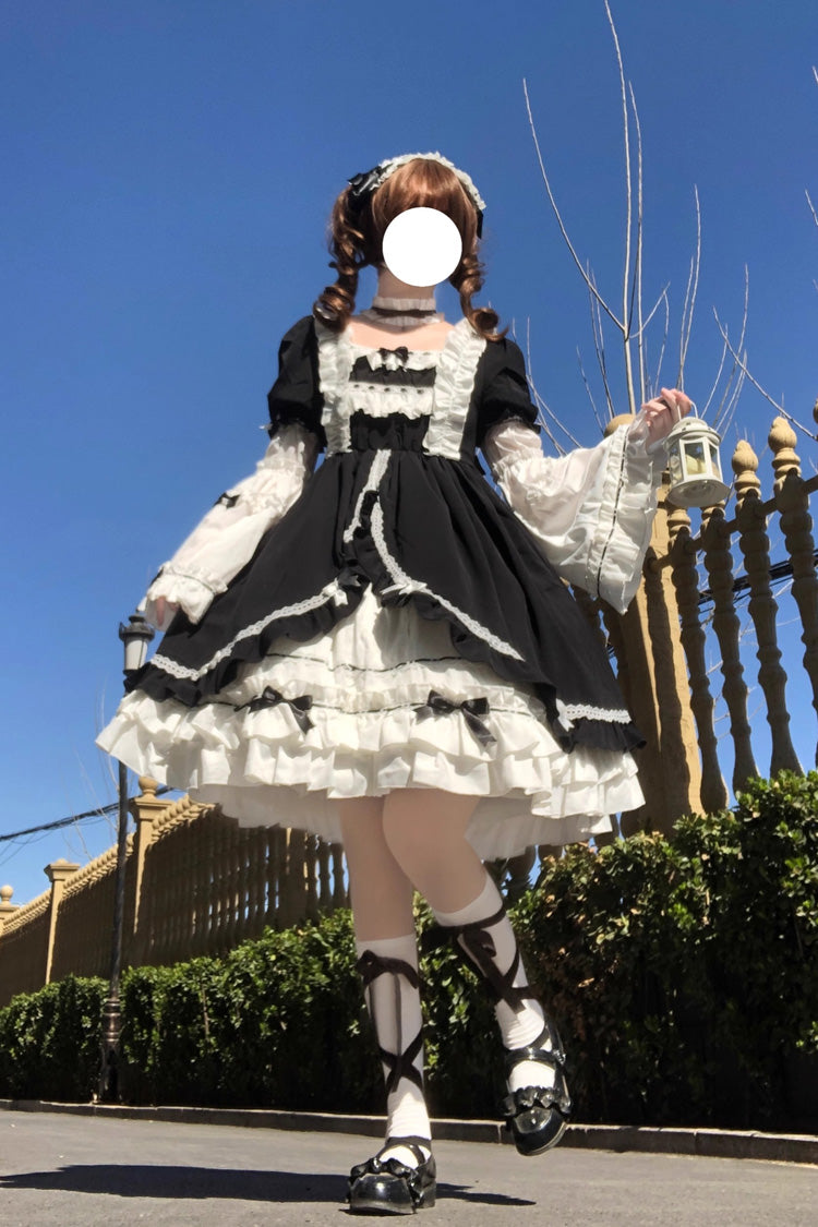 White Black Long Hime Sleeves Ruffled Cardigan Bow Gothic Lolita Dress