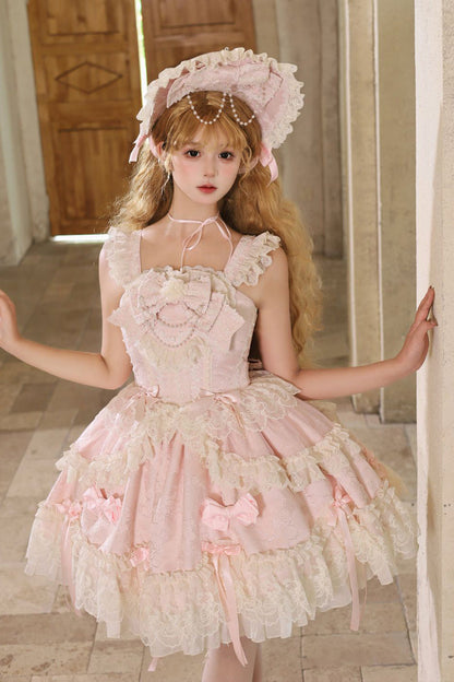 Pink Blossoming Heart Love Sleeveless Dark Jacquard Print Bow Lace Sweet Lolita Jsk Dress