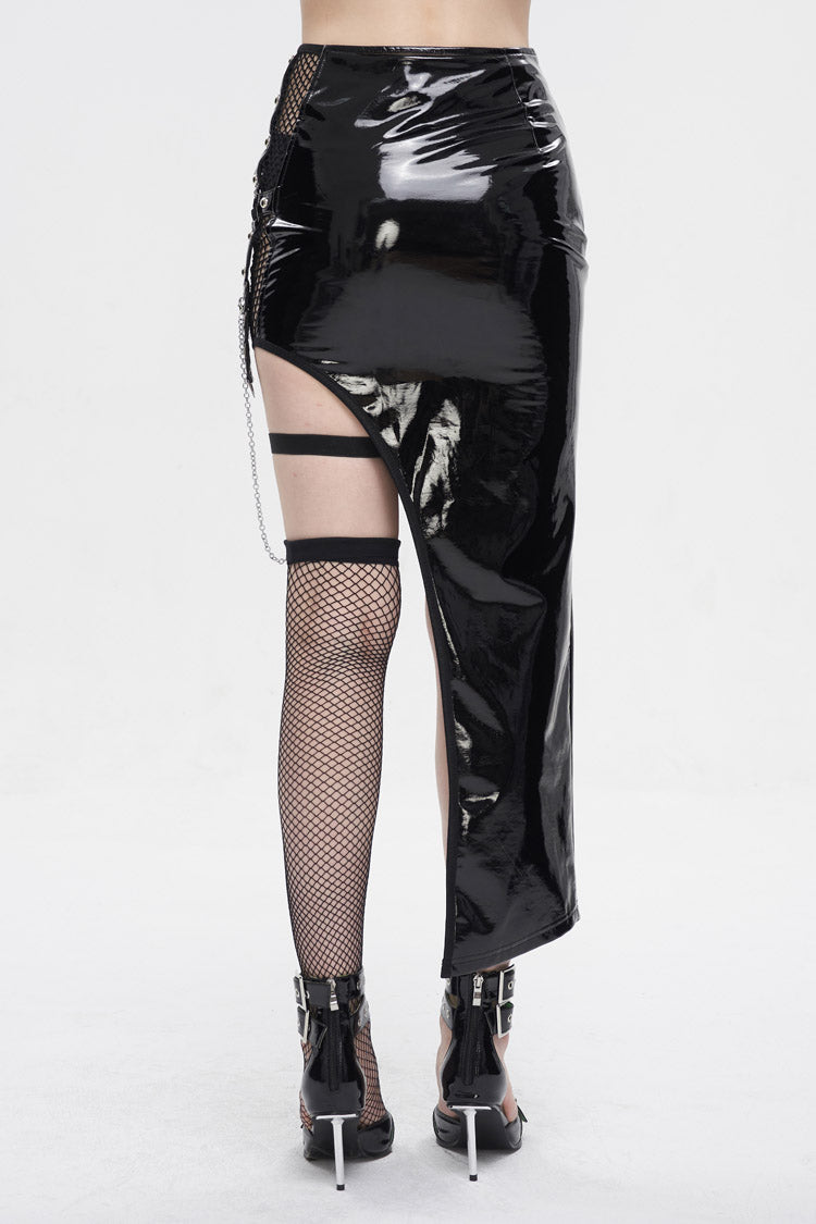 Patent Leather Asymmetric Black Punk Skirt with Mesh Stocking