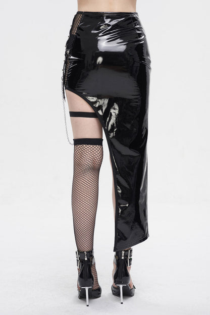 Patent Leather Asymmetric Black Punk Skirt with Mesh Stocking