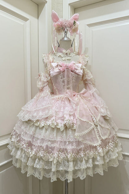 Pink Falling Rain Flowers Sleeveless Ruffle Embroidery Bow Sweet Chinese Style Lolita Jsk Dress