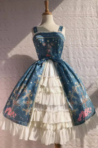 Peacock Cross Print Ruffle Cardigan Jsk Dress - Sweet Lolita