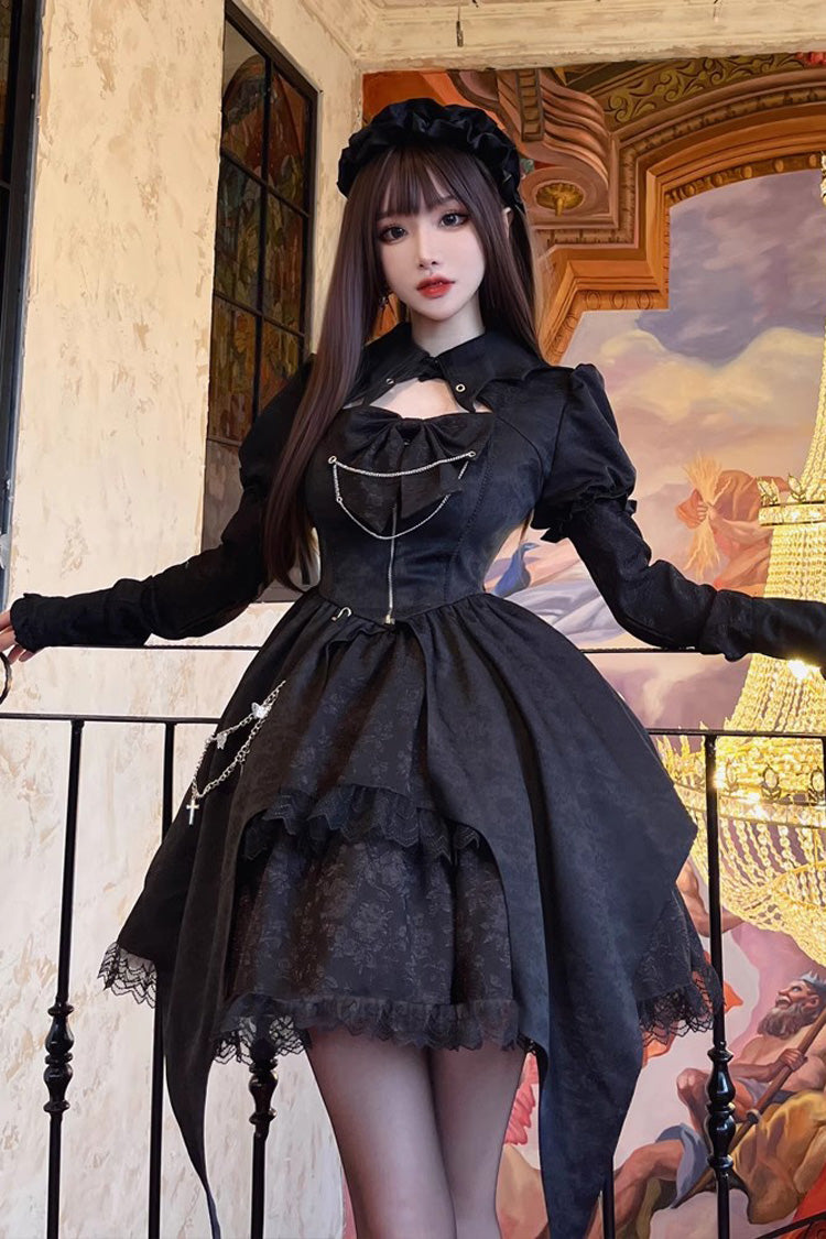 Black Gothic Princess Lolita Dress with High Waist and Ruffled Cardigan